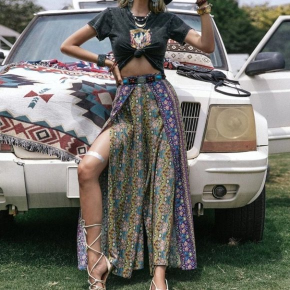 Coachella Festival Boho Floral Print Wrap Wide Leg Pants Without Belt - Picture 3 of 6